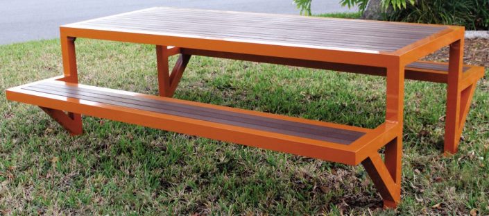 Custom Faux Teak Picnic Tables With Attached Seats